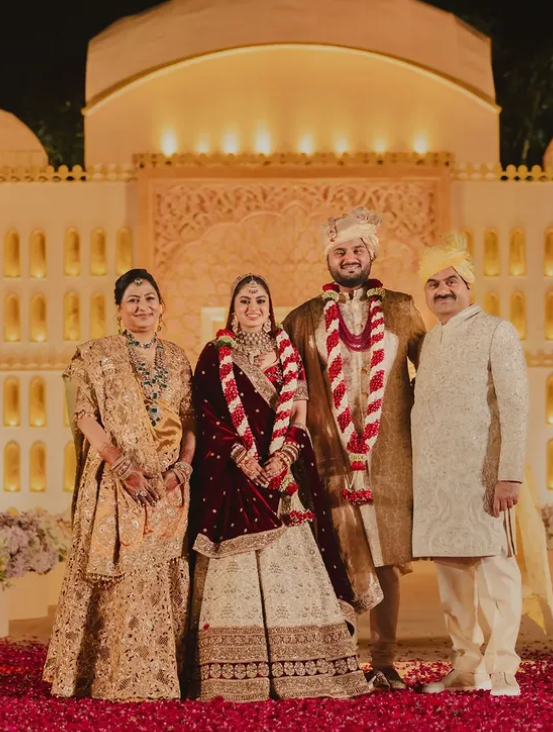 Diva Shah with her husband Jeet Adani & father-in-law Gautam Adani