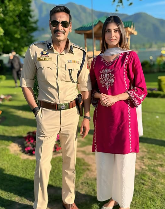 Farhana Bhat with Ajay Devgan during the shooting of the film 'Singham Again'