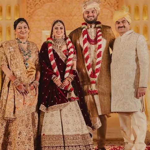 Diva Shah with her husband Jeet Adani & father-in-law Gautam Adani