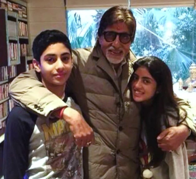 Agastya Nanda with his sister Navya Nanda & grandfather Amithabh Bachchan