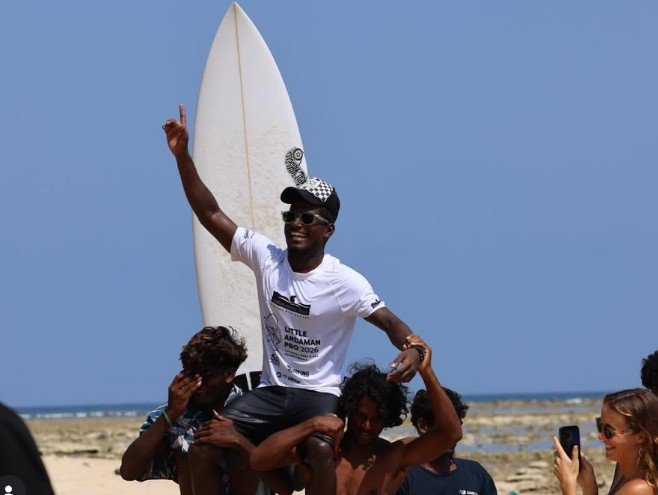 Sivaraj Babu gets cheered after surfing.